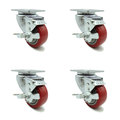 Service Caster 3 Inch Red Polyurethane Wheel Swivel Top Plate Caster Set with Brake SCC SCC-20S314-PPUB-RED-TLB-TP2-4